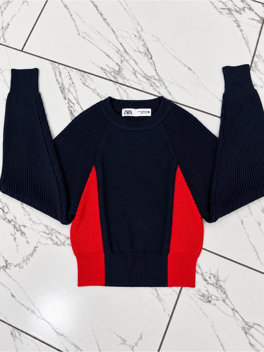 Zara Navy Sweater with Red Side Panels - Picture 2 of 6